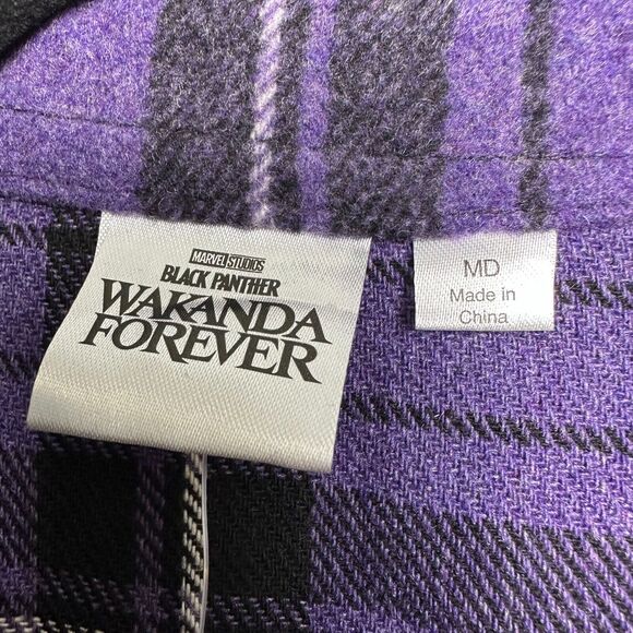 Black Panther Wakanda Forever Shirt Womens Purple Black Plaid Shacket NWT - Picture 3 of 7